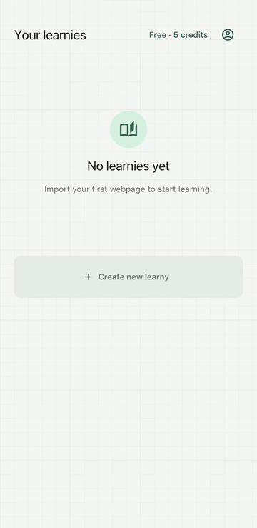 Screen recording of the app: pasting react.dev/learn/managing-state as a course, unticking two pages, generating the learny and answering one twelve-step lesson